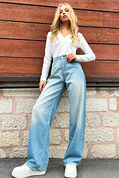 Trend Alaçatı Stili Magas derekú női kék széles szárú farmernadrág - ALC-X12725