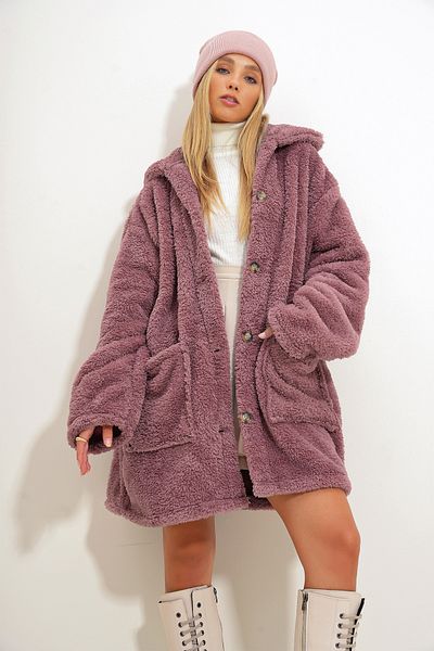 Trend Alaçatı Stili Jachetă oversize din pluș Dusty Rose - Buzunar dublu, nasturi, ALC-X11149
