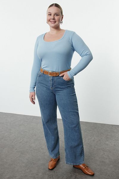 Trendyol Curve Bluză tricotată cu camisole albastră de mărime mare - Gât de piscină TBBAW25AF00018