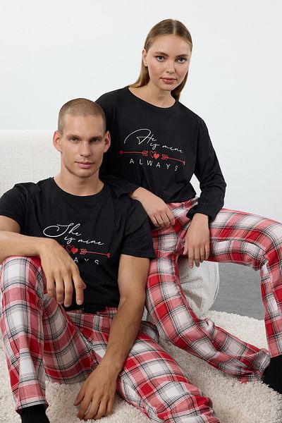 Trendyol Collection Černý kostkovaný Regular Fit Top Pletený Spodní Popruh Pár/Pár Pyžamový set TMNAW25PT00043