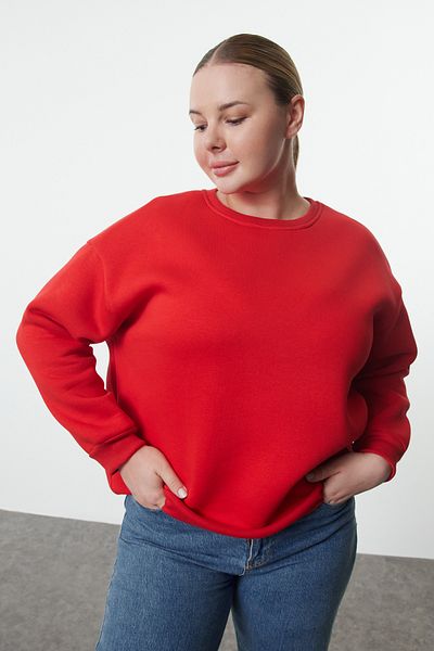 Trendyol Curve Red Oversize Crew NecK Fleece Knitted Sweatshirt