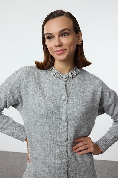 Trendyol Modest Knitwear Cardigan Gray with Accessory Detail - TCTAW25TH00004
