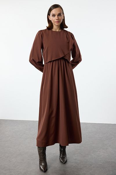 Trendyol Modest Καφέ υφαντό φόρεμα με λεπτομέρεια Peplum - TCTAW25EB00083