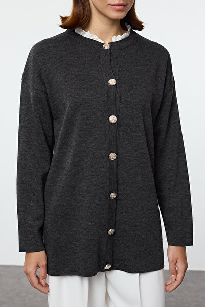 Trendyol Modest Brode Lace Detailed Antracitový pletený Cardigan - TCTAW25TH00010