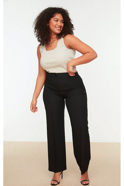 Trendyol Curve Schwarze Hose aus gewebtem Stoff mit hoher Taille und geripptem Detail, spanisches Bein TBBSS22PL0301