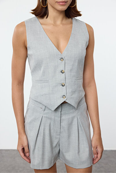 Trendyol Collection Šedá proužkovaná vesta/krátká tkaná běžná vesta Twoaw25Ye00076