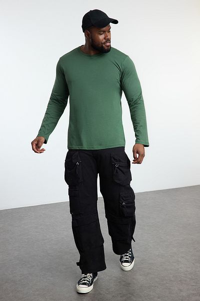 Trendyol Collection 3er-Pack übergroße T-Shirts in Übergröße in Schwarz-Khaki-Stein – Rundhalsausschnitt, 100 % Baumwolle TMNAW25BF00004