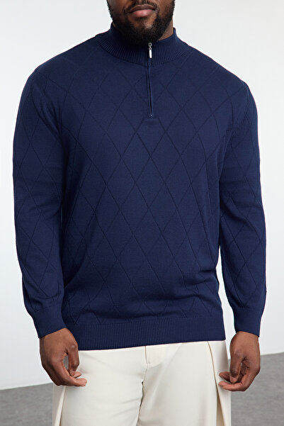 Trendyol Collection Ανδρικό πλεκτό πουλόβερ Navy Blue Baklava - Μισό ζιβάγκο, Plus Size TMNAW25AN00007