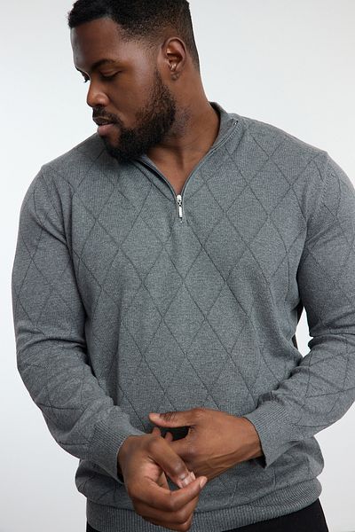 Trendyol Collection Men's Gray Baklava Knitwear Plus Size Sweater - Half Turtleneck Tmnaw25An00007