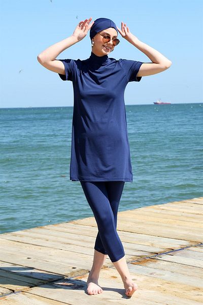 Akbeniz Κοντό μανίκι Navy Blue Half Hijab μαγιό 33015