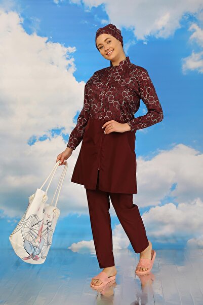 Akbeniz Claret Red Patterned Full Hijab Pants μαγιό - Γυναικείο 31075