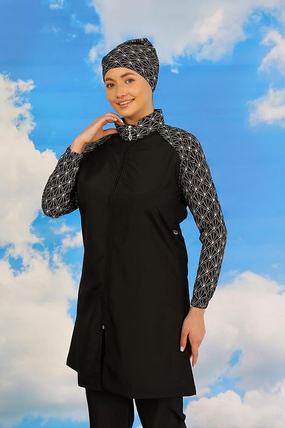 Akbeniz Ολόσωμο μαγιό Hijab - με στάμπα και παντελόνι, μαύρο 31072
