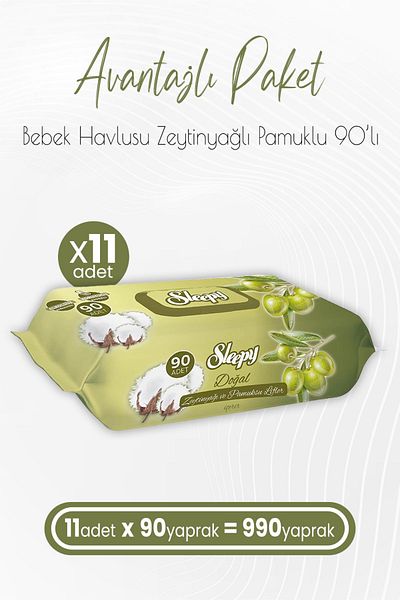 Sleepy 90 Pieces Olive Oil and Cotton Baby Towels - X 11 (990 Sheets)