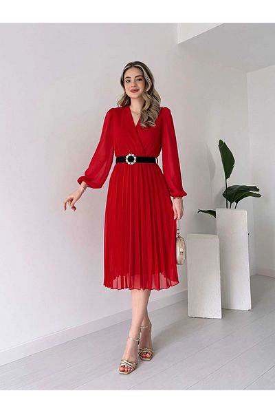 Moka Shopin MokaShopin Women's Midi Dress - Chiffon Fabric, Double Breasted Collar, Flared Cut