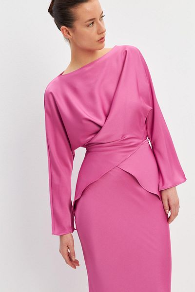Setre Pink Asymmetrical Waist Detailed Loose Blouse