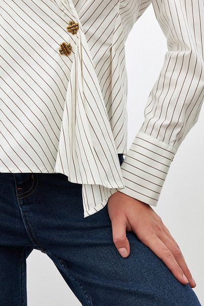 Setre Ecru-Coffee Striped Asymmetrical Closure Button Detailed Long Sleeve Shirt