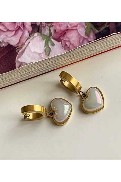 Ayenci Anti-Allergic Heart Detailed Mother of Pearl Women's Earrings - Non-Ta...