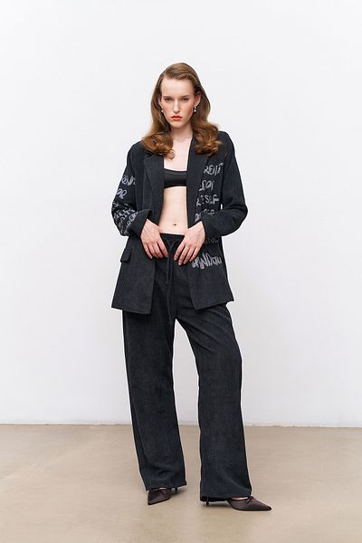 Quzu Anthracite Velvet Trousers - Elastic Waist