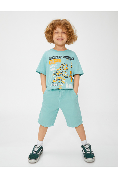 Koton T-Shirt mit Rundhalsausschnitt und kurzen Ärmeln aus Baumwolle mit Tige...