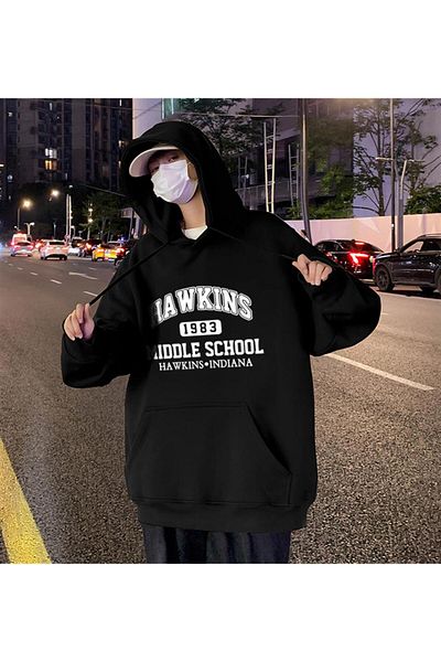Aesthia MINGALONDON - Hanorac negru unisex oversize cu glugă cu imprimeu Hawkins