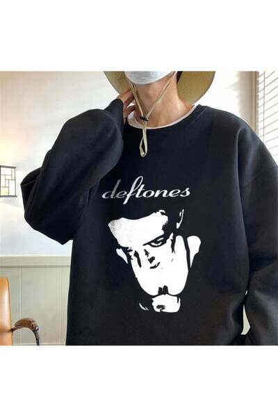 Aesthia MİNGALONDON  Deftones Baskılı Siyah Unisex Oversize Bisiklet Yaka Swe...