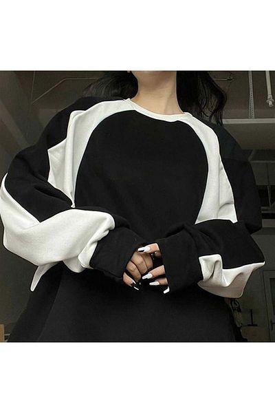 Aesthia Mingalondon Y2K Unisex Oversize Black Sweatshirt - Crew Neck Streetwear Line Detailed