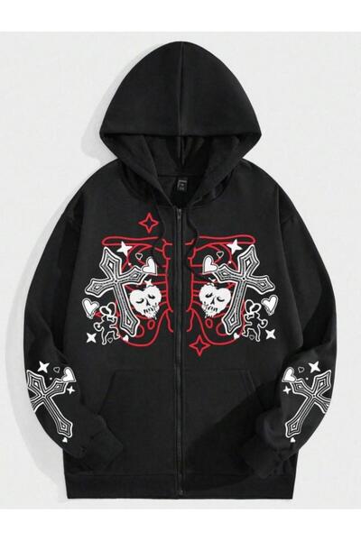 Aesthia Black Unisex Oversize Hooded Cardigan - Cross Heart Printed, Zippered