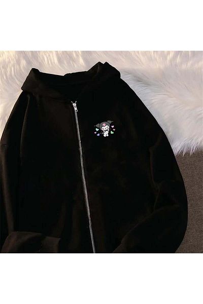 Aesthia MINGALONDON - Kuromi Printed Black Unisex Oversize Ζακέτα με κουκούλα