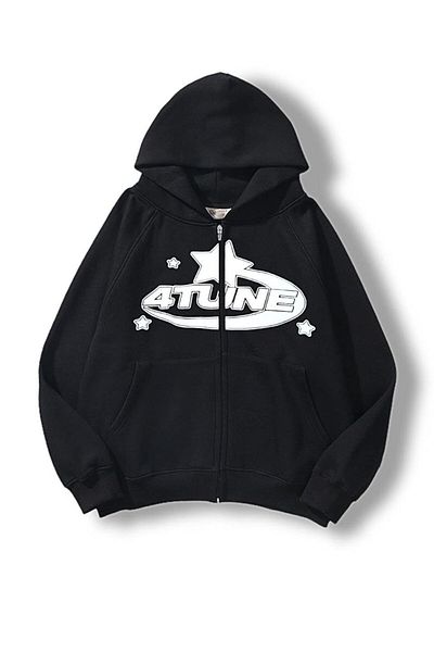 Aesthia MINGALONDON 4 Tune Printed Black Unisex Oversize Ζακέτα - Κουκούλα με φερμουάρ