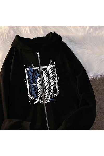 Aesthia MINGALONDON - Attack On Titan New Logo Printed, Unisex Black Oversize Hooded Cardigan