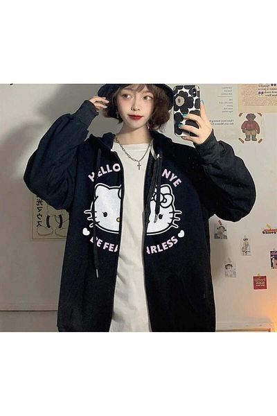Aesthia MINGALONDON - Hello Kanye Be Fearless Printed, Unisex Black Oversize Hooded Cardigan