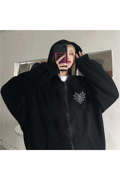 Aesthia MINGALONDON - Black Spider Web Heart Printed Oversize Unisex Hooded Cardigan