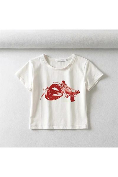 Aesthia MINGALONDON - Badchill Lip Printed White Crop Top