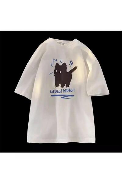 Aesthia MINGALONDON - Wow Cat Sa deznom Bela Unisex Oversize kroj T-shirt