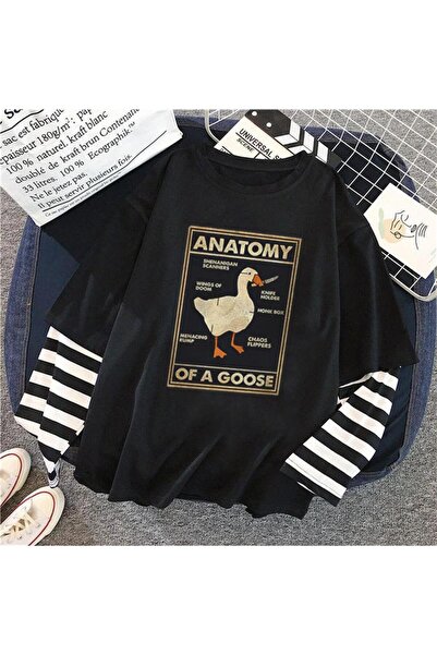 Aesthia Duck Anatomy Baskılı Fake Sleeves Unisex Siyah T-shirt