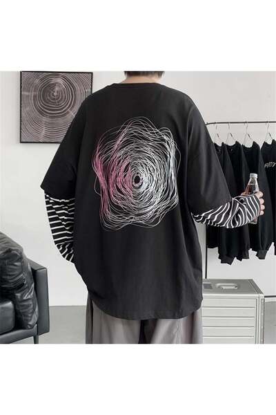 Aesthia Unisex crna T-shirt - nasumične linije na leđima Štampano, lažni rukavi