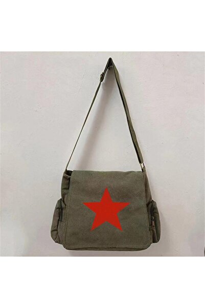 Genel Markalar MİNGALONDON  Red Star Baskılı Unisex Yeşil Postacı Çantası
