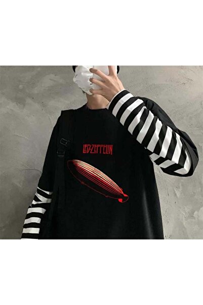 Aesthia Unisex crna T-shirt - Led Zeppelin logo Štampano, lažni rukavi