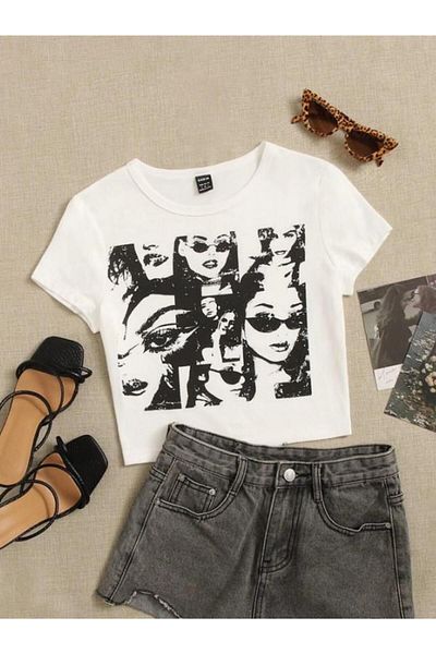 Aesthia 90's MINGALONDON White Crop - Figure Face Printed