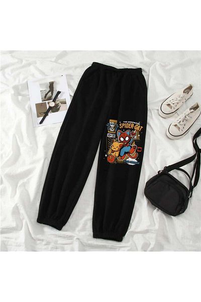 Aesthia MINGALONDON - Spider-Cat Printed Black Unisex Oversize Sweatpants