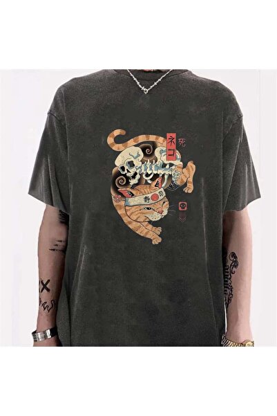 Aesthia MINGALONDON Unisex periva mačka kostur vintage T-shirt