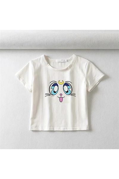 Aesthia Sailor Moon White Crop - Cat Face Printed
