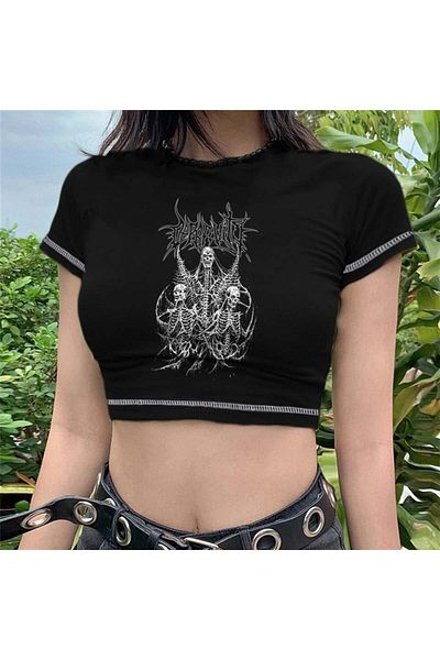 Aesthia MINGALONDON Black Crop - Triple Skeleton Printed, Backstitch
