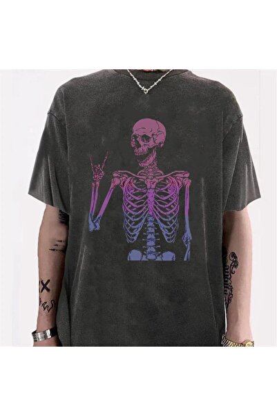 Aesthia MINGALONDON Unisex Πλενόμενο T-shirt με σχέδιο Rock Skeleton σε στυλ ...