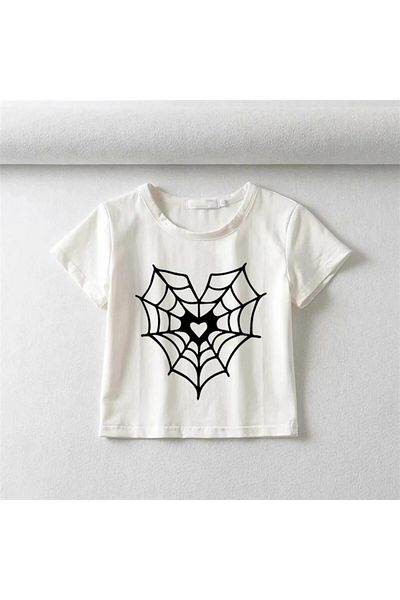 Aesthia MINGALONDON - Black Heart Web Printed White Crop