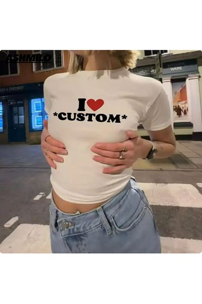 Aesthia MINGALONDON Y2k I Love Printed White Crop Μέγεθος ζώνης