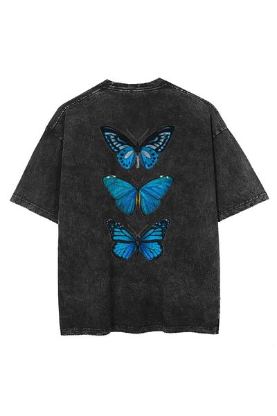 Aesthia ΜΙΓΑΝΤΑΛΟΝΔΑ Triple Blue Butterfly Unisex Vintage T-shirt - Back Printed