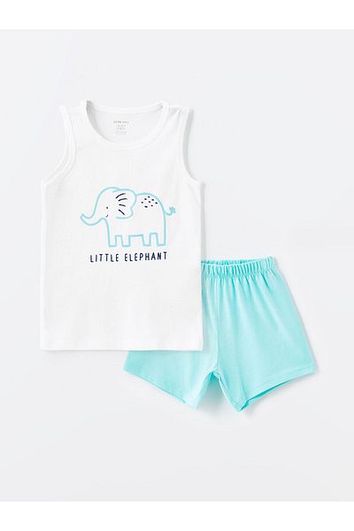 LC Waikiki Set pijama pentru bebelusi baieti cu pantaloni scurti - decolteu, fara maneci, imprimeu LW