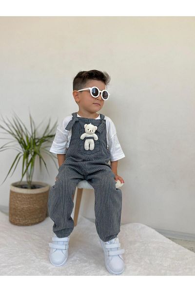 Pollito Anthracite Size Striped Teddy Toy Salopet