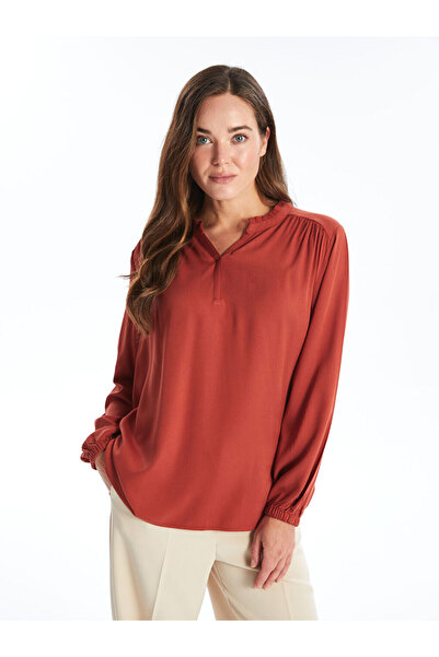 LC Waikiki Lcw Grace Kahverengi Kaçık Yaka Düz Uzun Kollu Kadın Bluz